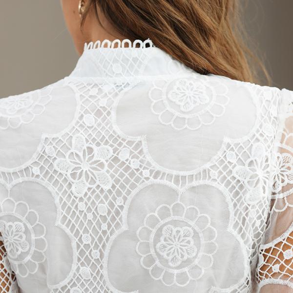 Mesh Layered Ladies Lace Dresses OEM Lace Trim Long Sleeve Dress
