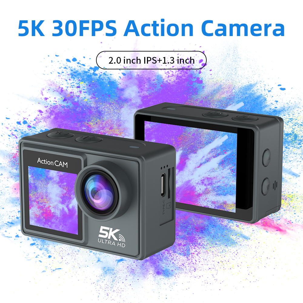 5K Dual Screen Action Camera with MIC EIS Stabilization WiFi Remote Control Waterproof for Outdoor Sports