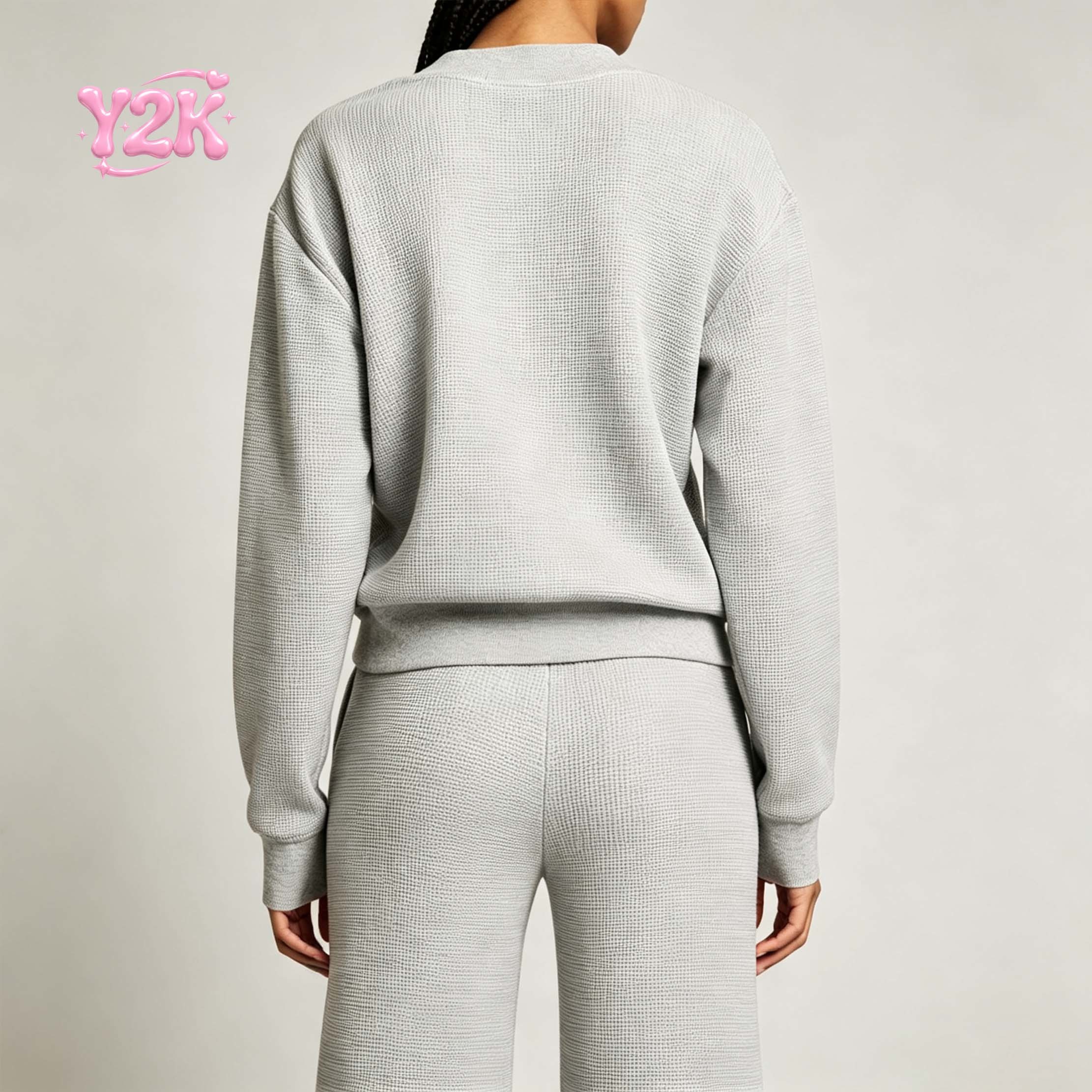 Custom Women's Waffle V Neck Top Drawstring Pants Lounge Set
