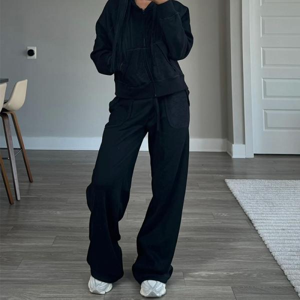 Breathable Womens Streetwear Tracksuit Distressed Zip Up Plain Joggers Two Piece Set