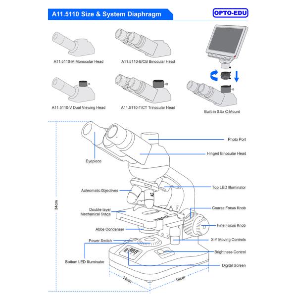 OPTO-EDU A11.5110 Student Microscope with Dual LED Light Source Digital Screen and Full Metal Body for Educational Use