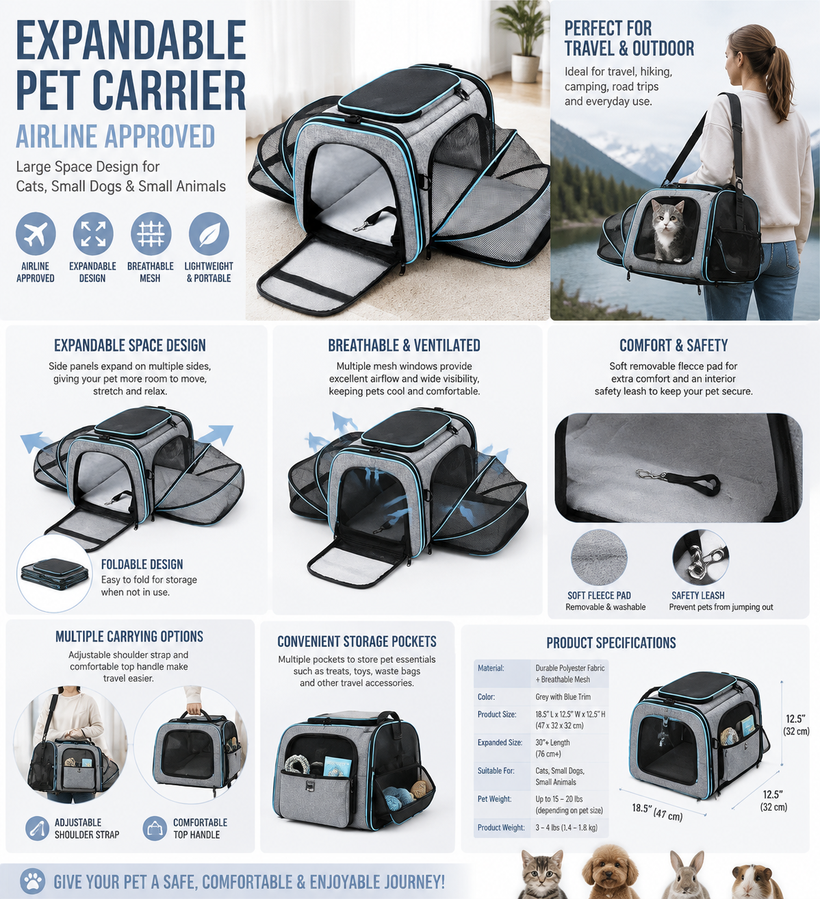 Airline Approved Expandable Pet Carrier | Soft Travel Carrier for Cats & Small Dogs