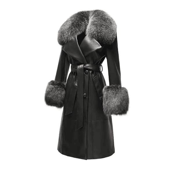                  Winter Fox Fur Collar Cuffs Women Long Leather Jacket Black Genuine Sheepskin Trench Leather Fur Coats for Ladies             