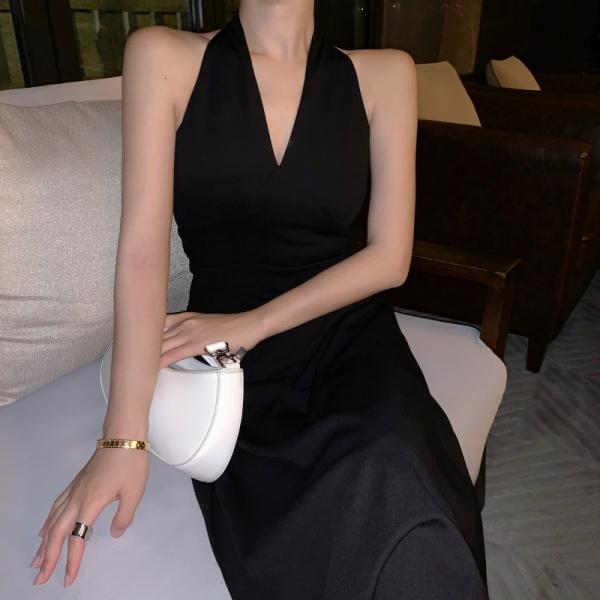 Retro V Neck Sleeveless Halter Black A Line Midi Dress