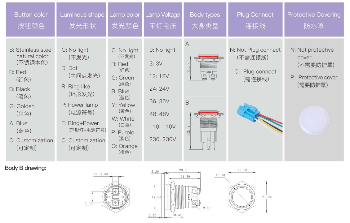 IP66 Illuminated Push Button Switch 16mm Metal Push Button Switch 1NO Ring