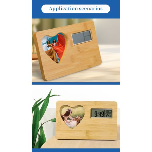 Modern Wooden Alarm Clock & Photo Frame with Digital Display for Room Temperature & Humidity for Desktop Decoration