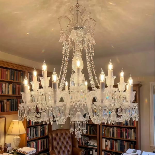 JYLIGHTING Modern Classic Crystal Chandelier, Ornate Cut Crystal Candle-Style Fixture for High Ceiling Living Room & Hotel Lobby