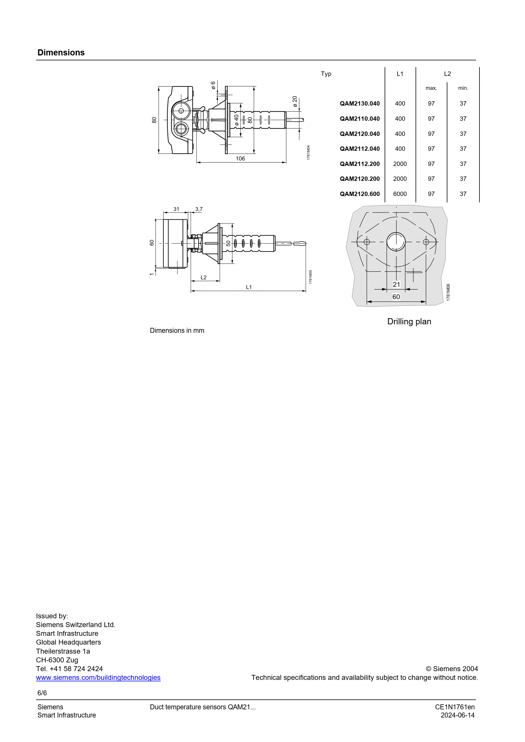 Siemens QAM2120.040 Duct Temperature Sensor with Plastic Material and Universal Motor Type for Industrial Automation
