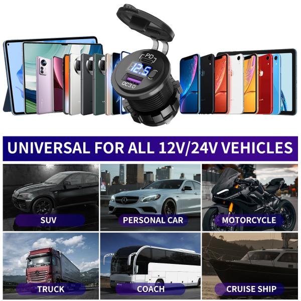 QC3.0 Chargeur de voiture USB PD pour voiture bateau bus moto de golf