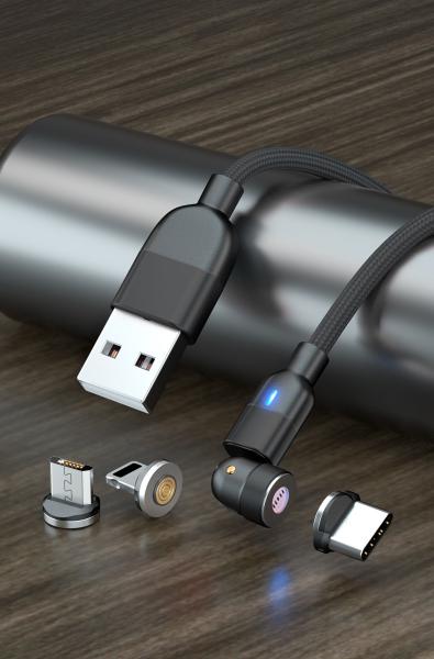 540° rotation USB magnetic cable nylon braided 3 in 1 magnetic cable fast charging 3A type C cable charger