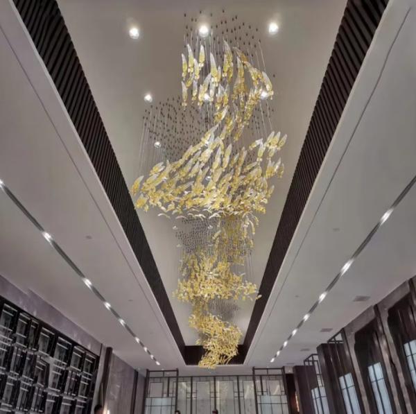 Project Custom Hotel Lobby Villa Mall Staircase Hanging Hand Blown Glass Feather Leaf Led Chandelier Pendant Light