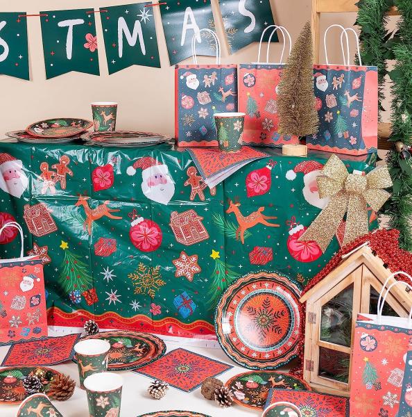 Christmas Tablecloth Plastic Jumbo Disposable Table Cover with Colorful Design Santa Claus Snowflakes