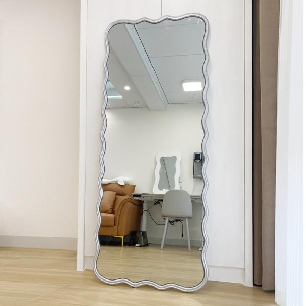 Wavy Beveled Floor Mirror Wood Frame 600mm For Modern Bedroom Decoration