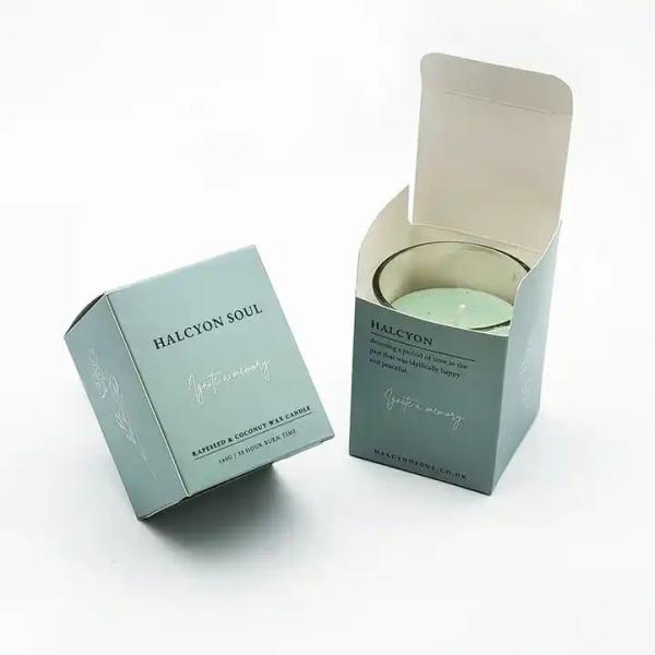Caja de papel recubierto impresa a medida caja de venta al por menor de embalaje reciclable vela de perfume arte cosmético de papel cajas de regalo