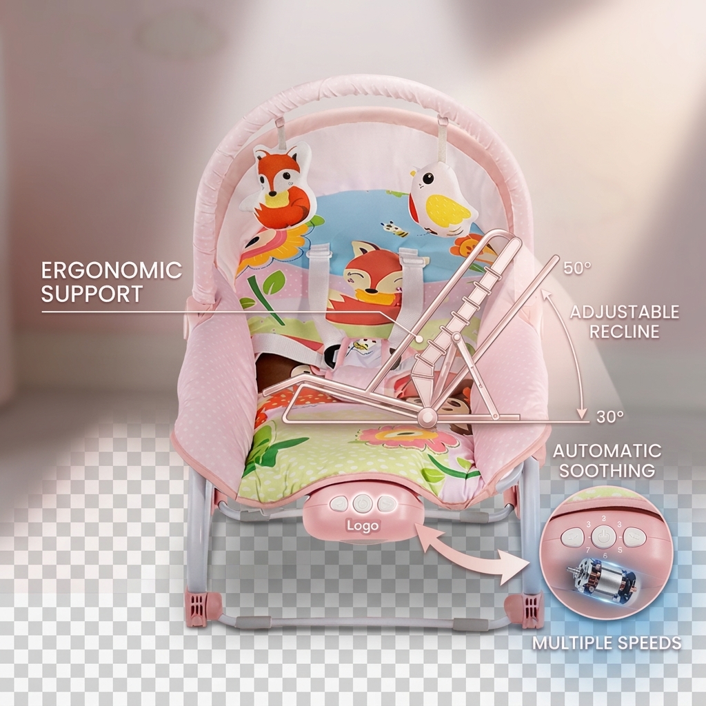 Music Box Vibration Infant Rocking Chair Adjustable Backrest 12KG with Washable Cushion Plush Toys