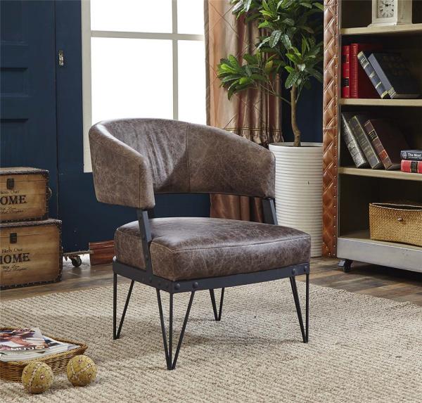 Durable Leather Leisure Chair Matt Black Finish Iron Frame Unique Curve Armrest Shape