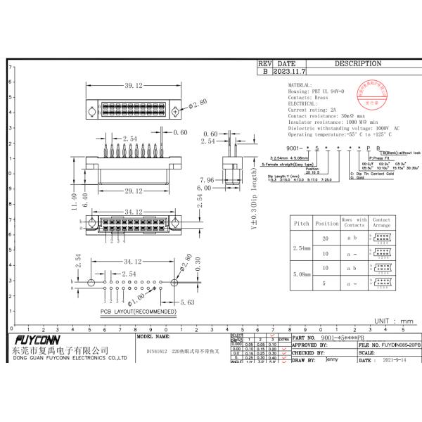 13mm DIN 41612 Connector 2 Rows 20 pin Press Pin Female DIN41612 Connector