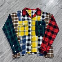 Custom Flannel Plaid Shirt Button Up Embroidery Patchwork Logo Color Block Polo Shirt Cut Sew Patch Shirt For Men