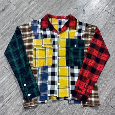 Custom Flannel Plaid Shirt Button Up Embroidery Patchwork Logo Color Block Polo Shirt Cut Sew Patch Shirt For Men