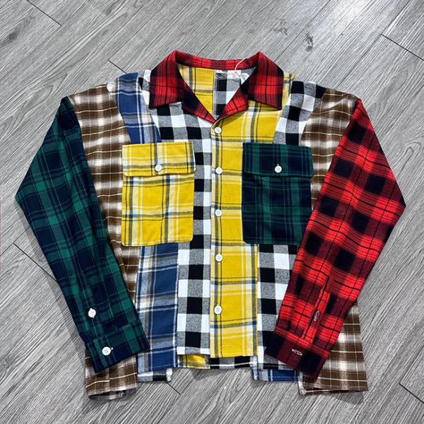 Custom Flannel Plaid Shirt Button Up Embroidery Patchwork Logo Color Block Polo Shirt Cut Sew Patch Shirt For Men