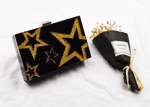 Fashionable Yellow Glitter Stars Acrylic Clutch Bag Women Evening Party Purse Bag
