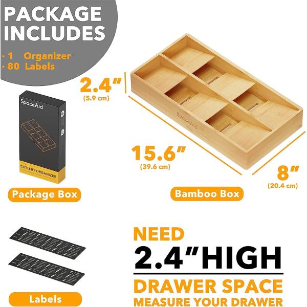 Organizer Silverware Drawer with Plain Wooden Box 6 Slots Bamboo Tray Holder in Natural