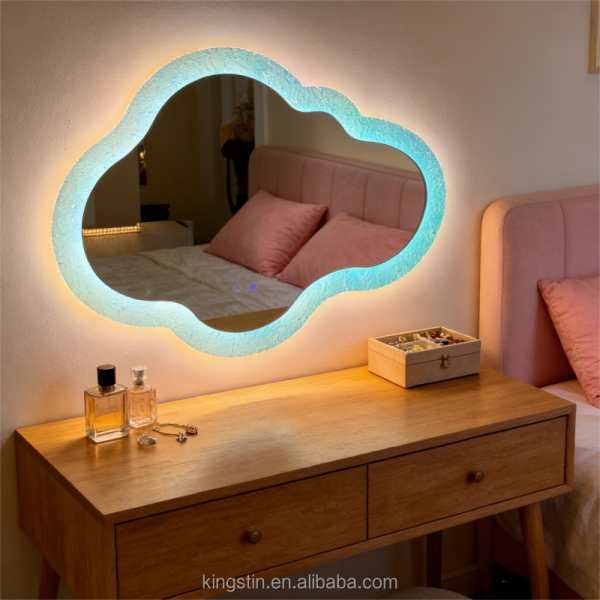 Gradient Light Cloud LED Mirror with Textured Frame - Ambient Decorative Mirror for Bedroom/Study/Living Room Vanity