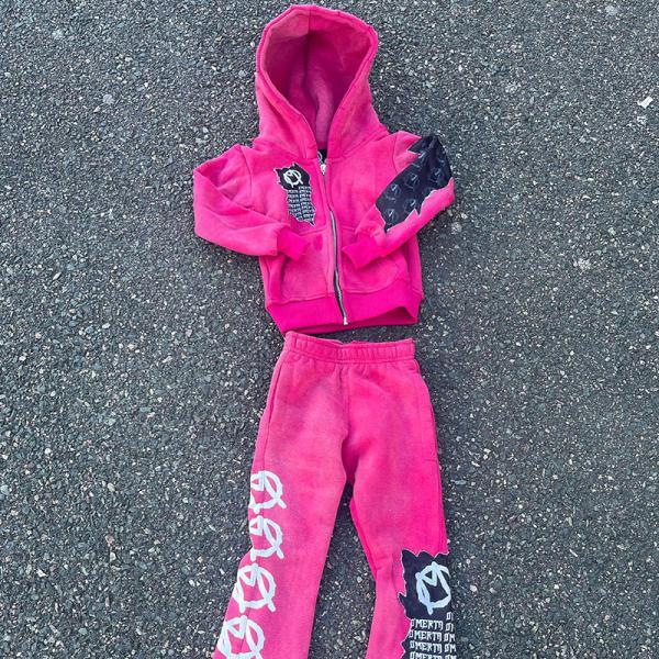 Fabricantes personalizados Vintage Acid Wash Trajes de peso pesado con cremallera con capucha recortada Pantalones con capucha y pantalones de sudor