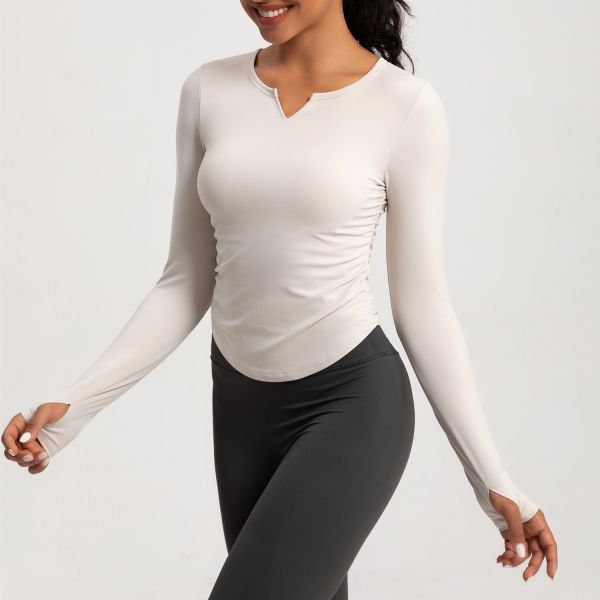 Women's Long Sleeve Yoga Top Slim Fit Moisture Wicking Fabric Brown