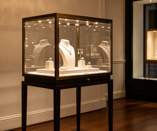 Modern LED Light Aluminium Jewelry Showcase Counter Display Customized Luxury Oval Gold Diamond Jewelry Display Cabinet Showroom