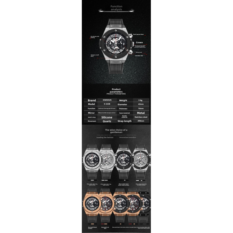 Men Luxury Skeleton Quartz Watch Rose Gold Chronograph Sport Wrist Watch Silicone Strap Business Casual Hollow Dial Watch