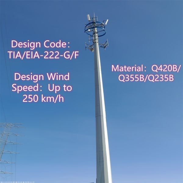 Monopole Tower Telecom Steel Structure Hot Dip Galvanized Painted Design Code ANSI/TIA-222-G/H/F Wind Speed Up to 250 kmh