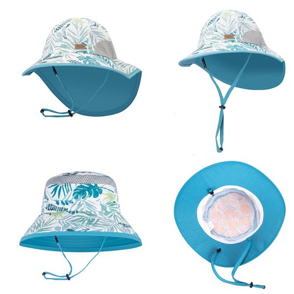 Wide Brim UPF 50+ Mesh Childrens Bucket Hats 55cm With Neck Flap OEM