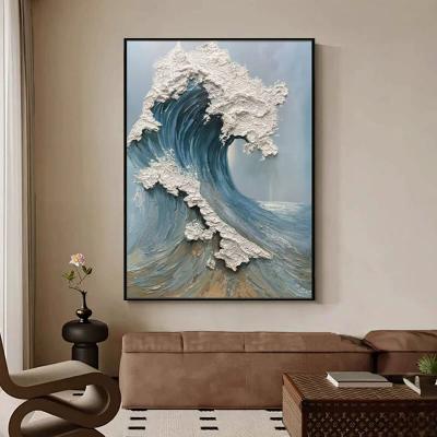 Peinture à l'huile peinte à la main au bord de la mer avec des vagues bleues de l'océan