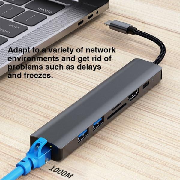 Gray 7 In 1 USB C Type C Hub with 1000M RJ45 Gigabit Ethernet 4K HDMI PD 100W Adapter