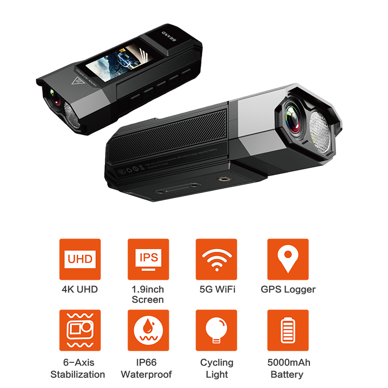 4K Cycling Visual Recorder , 5000mAh Battery Bike Dash Cam With GPS Data Logger