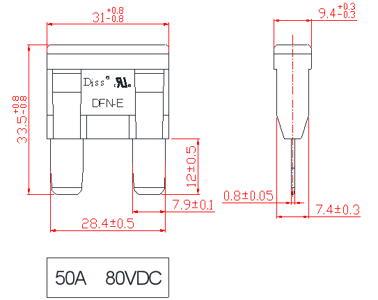 UL248 Maxi Car Blade Fuses , PC Material 80VDC 50Amp Car Blade Fuses