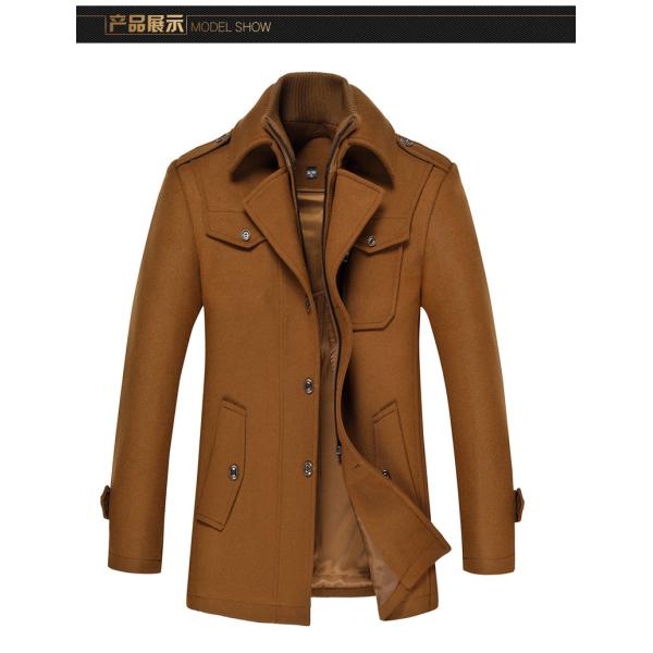 Double-layer Collar Men's Woolen Coat with Woven Woolen Fabric and Vintage Decoration