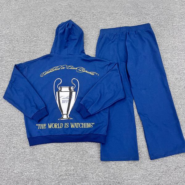 Ensembles de survêtement de jogging personnalisés en tissu de coton avec sweat à capuche à logo brodé et pantalon de survêtement à jambes larges
