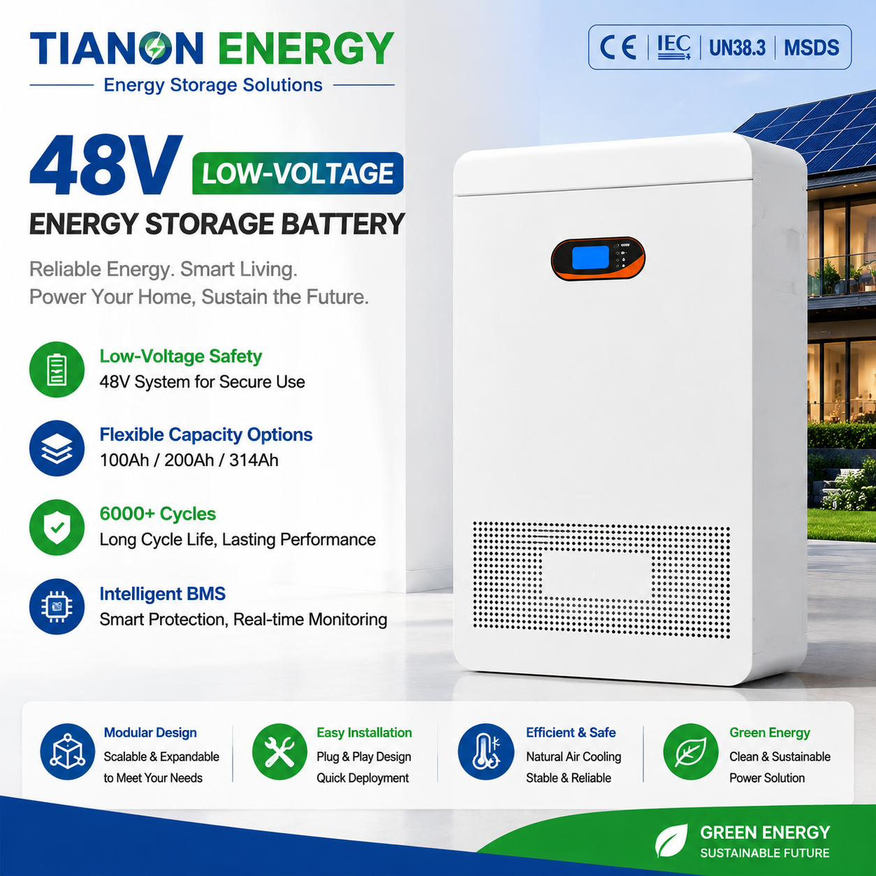 48V 100Ah 4.8kWh LiFePO4 Lithium Battery Energy Storage System Low Voltage ≥6000