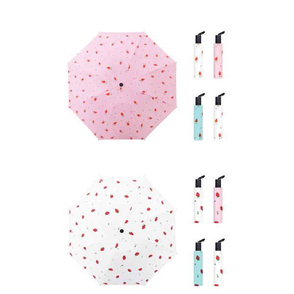 Ladies Three Fold Blue Umbrella with Strawberry Dot Pattern All-Season Manual Open
