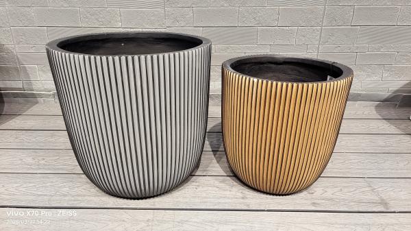 Silver Hue Stripe Patterns Round Fiber Clay Planter Lightweight Rooftop Gardens Landscaping Project