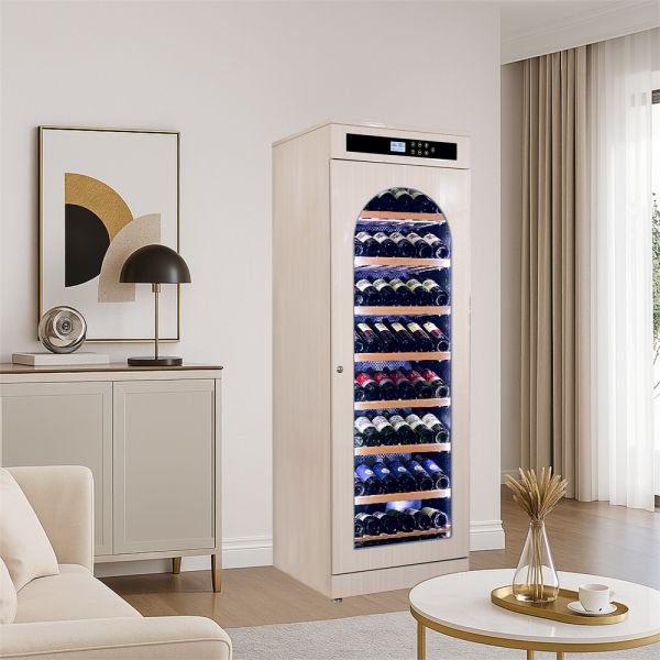 Freestanding Wood Wine Cooler with Digital Control Panel and Arched Glass Door