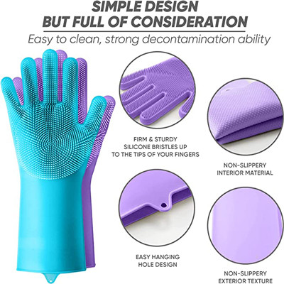 Purple And Blue Dishwashing Reusable Silicone Gloves For Cleaning