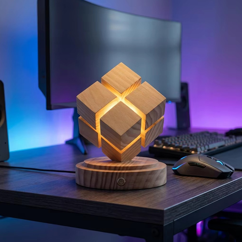 Novel Wooden Four Step Magic Cube Warm Light Lamp for Kids Gift Wood Base Table Night Light