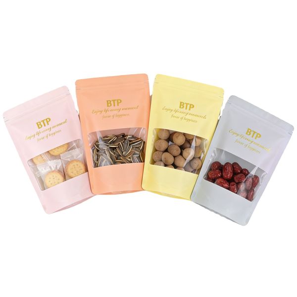 Custom 100pcs Resealable PE Stand up Pouch with Window Zipper Digital Printing Baby Food Plantain Chips Packaging Bag