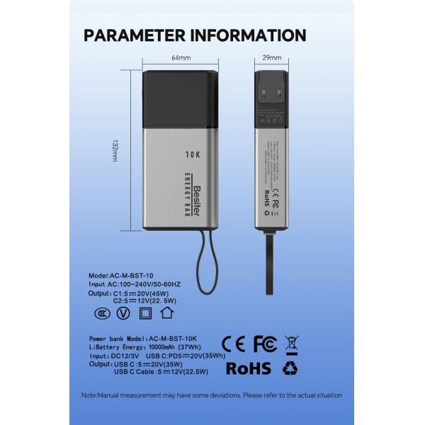 Retractable Cable AC Plug Power Bank 2 in 1 10000mAh 35W Output