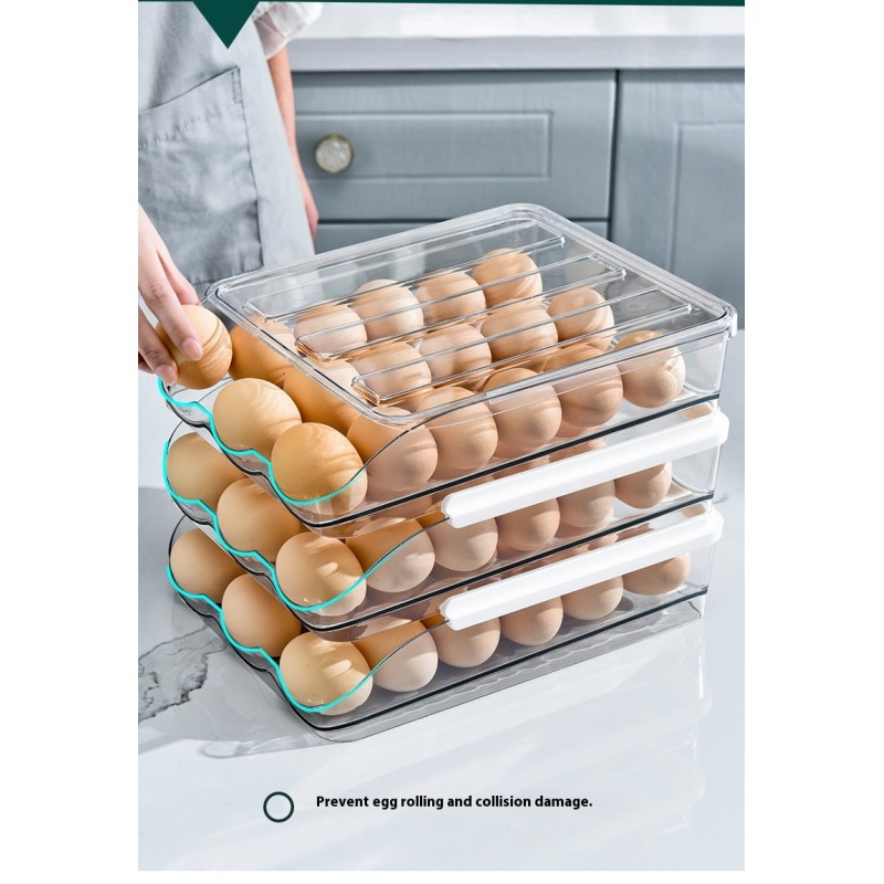 Multi-layer Durable Clear Plastic Rolling Kitchen Organizer Rectangle Egg Storage Box Holder for Refrigerator Auto