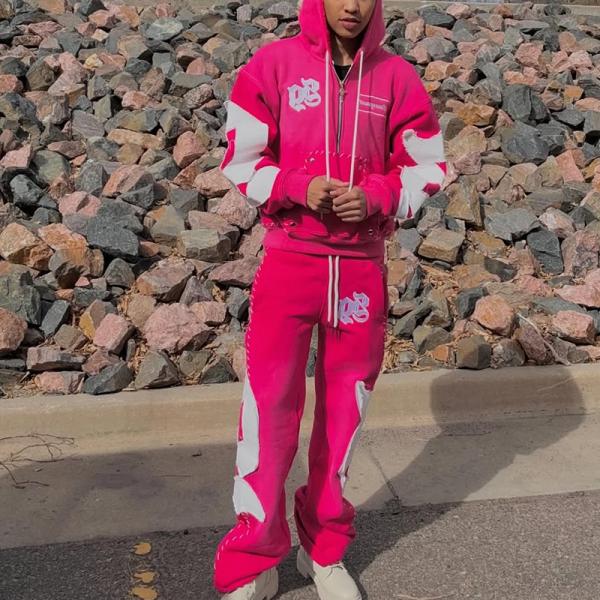 Custom Applique Reverse Embroidery Patch Logo Streetwear Pullover Vintage Half Zipper Acid Wash Distressed Tracksuits for Men