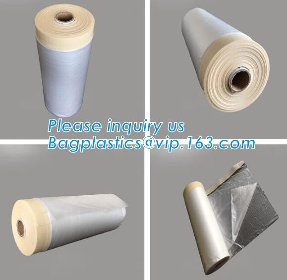 Disposable PE pre-taped self static cling masking film, Cover mask plastic drop film PE protection film with tape, BAGEA